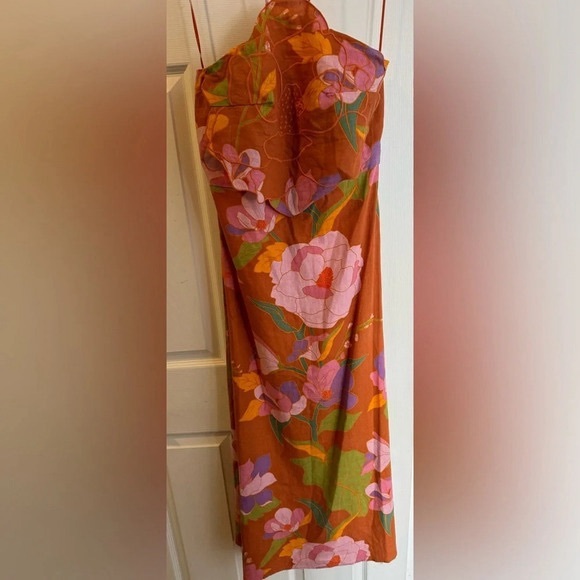 NEW CAROLINE CONSTAS linen halter maxi blend USS floral cut out beaded vacation - Picture 3 of 8